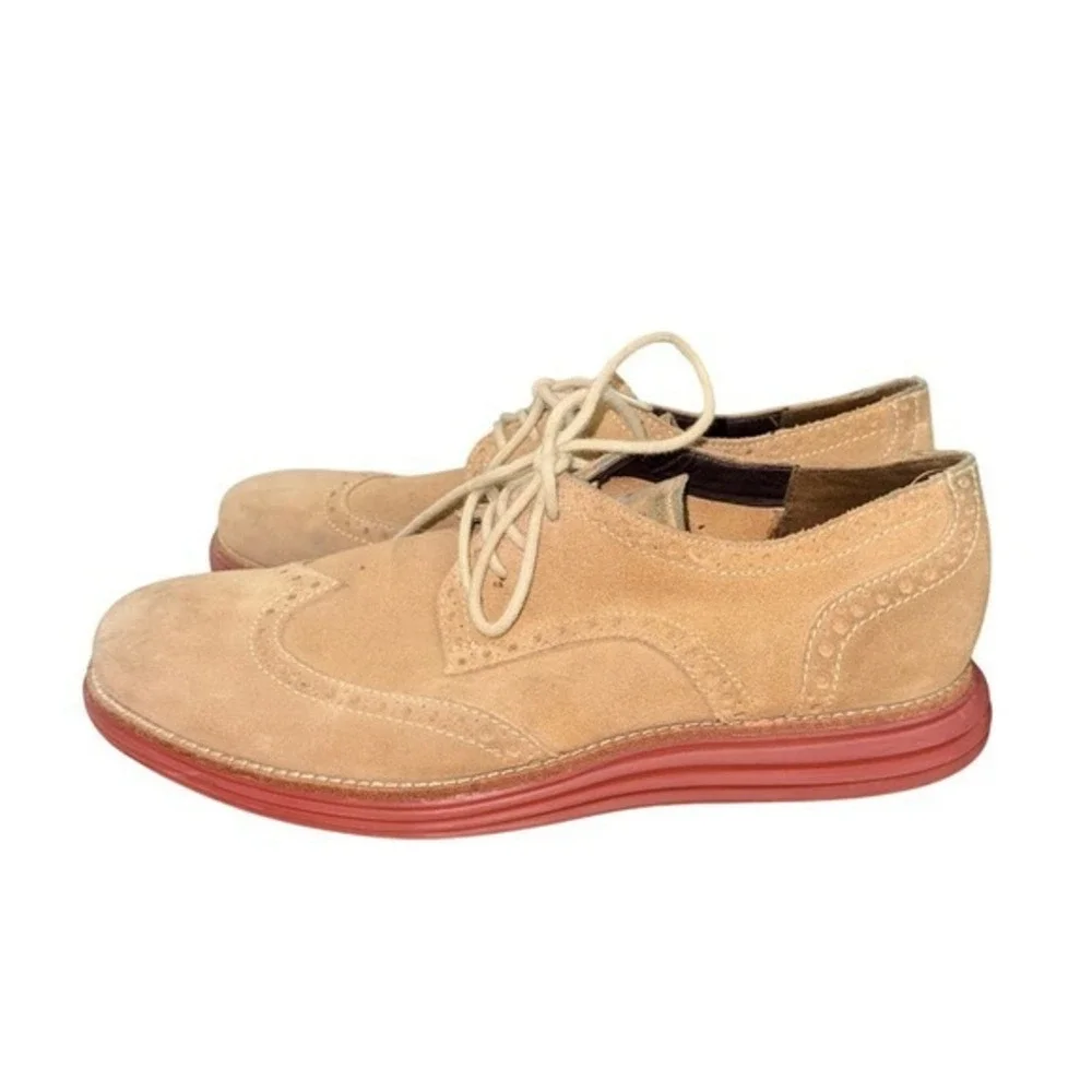 Cole Haan LunarGrand Oxford Mens 8M Pre-Owned Wingtip‎ Tan Suede Red Dress Shoes